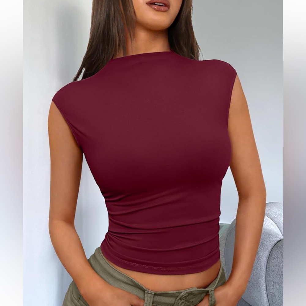 NWT No Label Size M Wine Red Y2K Mock Neck Top